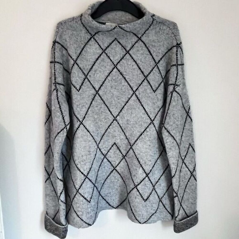 Christian Siriano New York Women Black Gray Turtleneck Sweater M Diamond Wool Bl